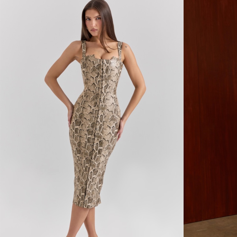 House of CB GRACIE Snakeskin Print Vegan Leather Midi Dress
